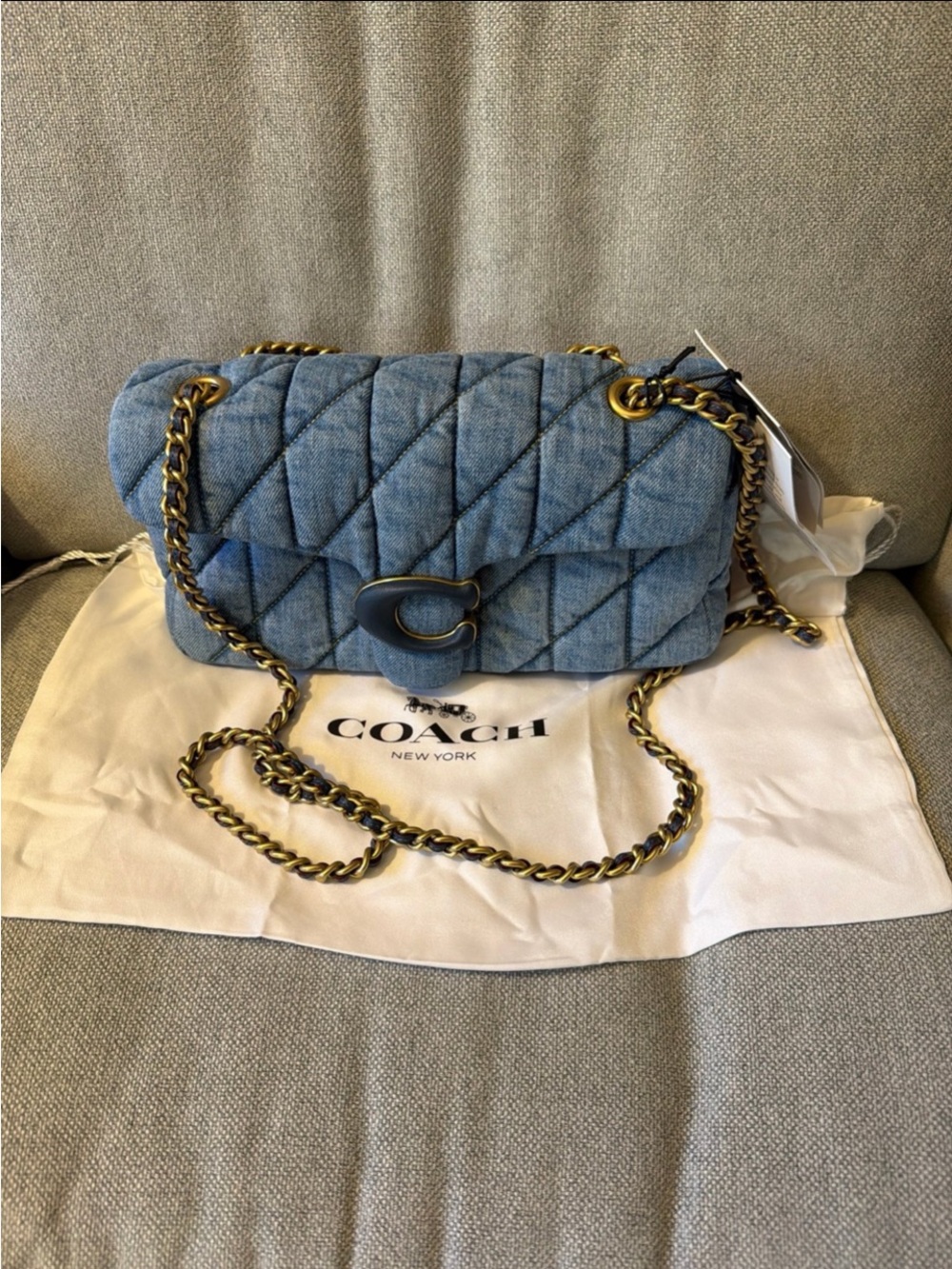 Coach Quilted Denim Shoulder Bag with Gold Chain - Light Blue 26 size